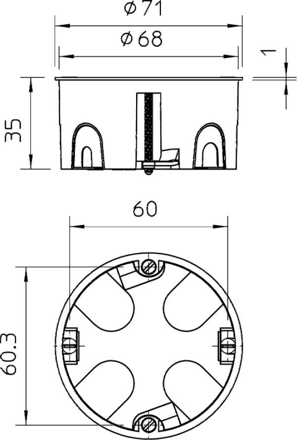 Диаметр монтажного отверстия. Подрозетник Schneider Electric 68х47 мм чертеж. Подрозетник для гипсокартона диаметр 68 мм. Подрозетники для бетона 68х35. Подрозетник Размеры коронки по бетону.
