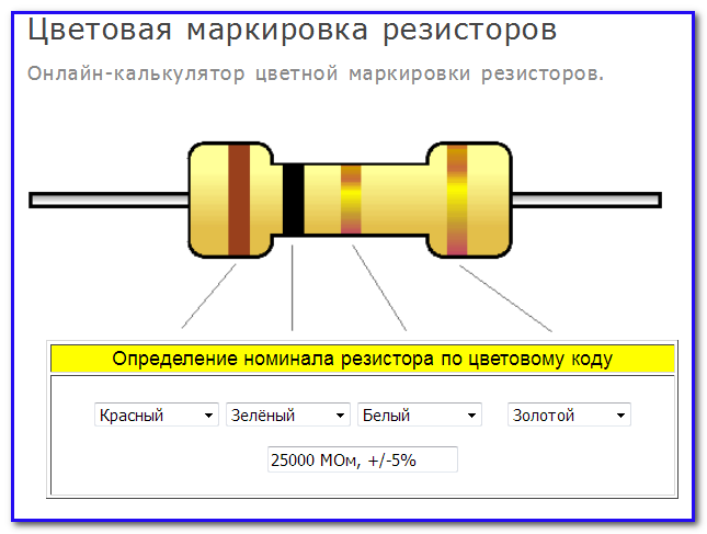 Цветовая маркировка резисторов: онлайн калькулятор сопротивлений по цветным полоскам