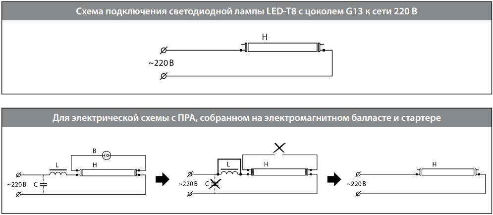 3 схемы подключения люминесцентной лампы без дросселя и стартера.